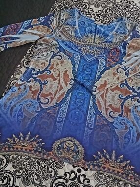 Boho Paisley V-Neck Tunic in Blue & Rust